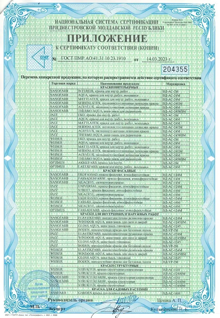 Приложение к сертификату соответствия защитного покрытия